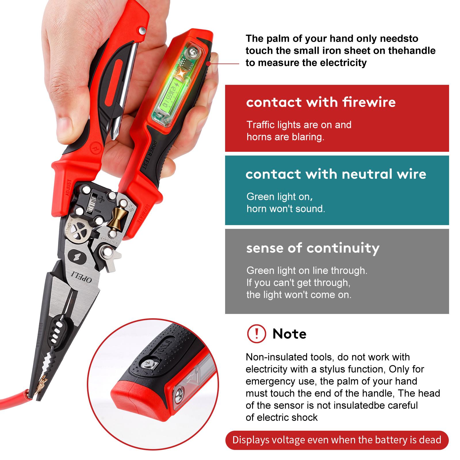 OPELI 8-in-1 Multi-Function Wire Stripper Pliers Diagonal Cutters for Nails Electrical Cables Special Tools with number display Voltage Tester&Alarms, Detectable12-250V, Heavy-Duty Electrical Pliers&Wire Cutters-for Professionaland Home Use detail 2