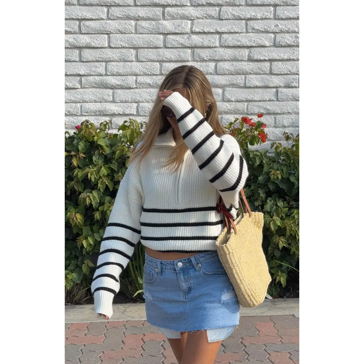 Copenhagen Cream Stripe Quarter Zip Knit Jumper