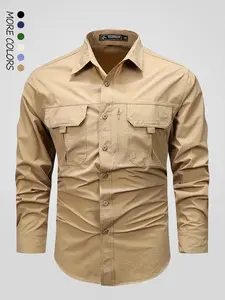 Men's Solid Pocket Button Front Shirt, Casual Western Style Regular Fit Casual Long Sleeve Collared Top for Fall, Fashion Men's Clothes for Daily Wear