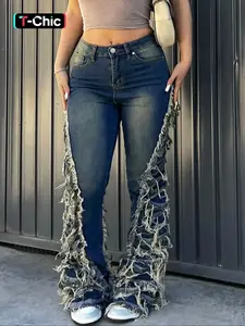 Women's Raw Hem Wide Leg Fit Denim Jeans, Womenswear Y2k Fashion Casual Streetwear Denim Pants for Daily Outdoor Wear, Women's Bottoms for Summer, Tassel