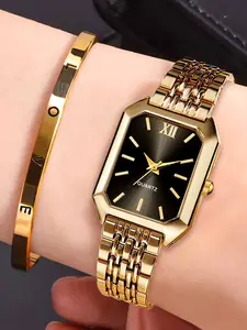 2pcs- women's watch gift set, a casual quartz watch set with fashionable and trendy open bracelet combination, classic retro rectangular dial, comfortable alloy strap, perfect gift for family and friends, ideal for Easter or casual wear (box not included)