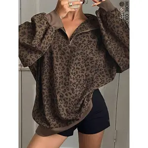 Women’s casual leopard-print long-sleeve sports top with front zipper, autumn wear
