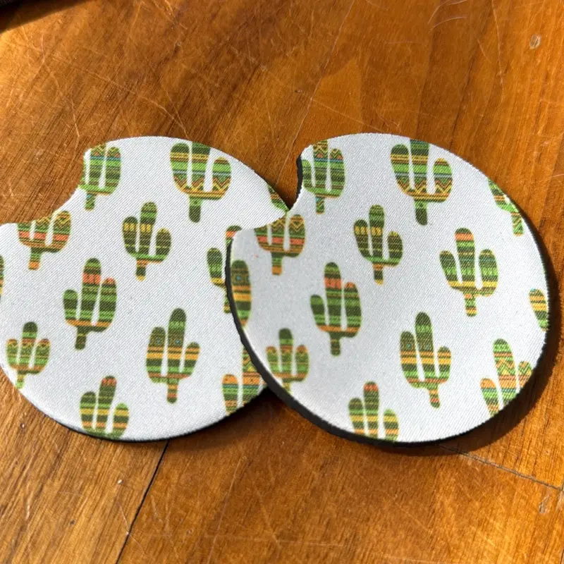Cactus Theme Car Coasters with Rubber Backing two pack