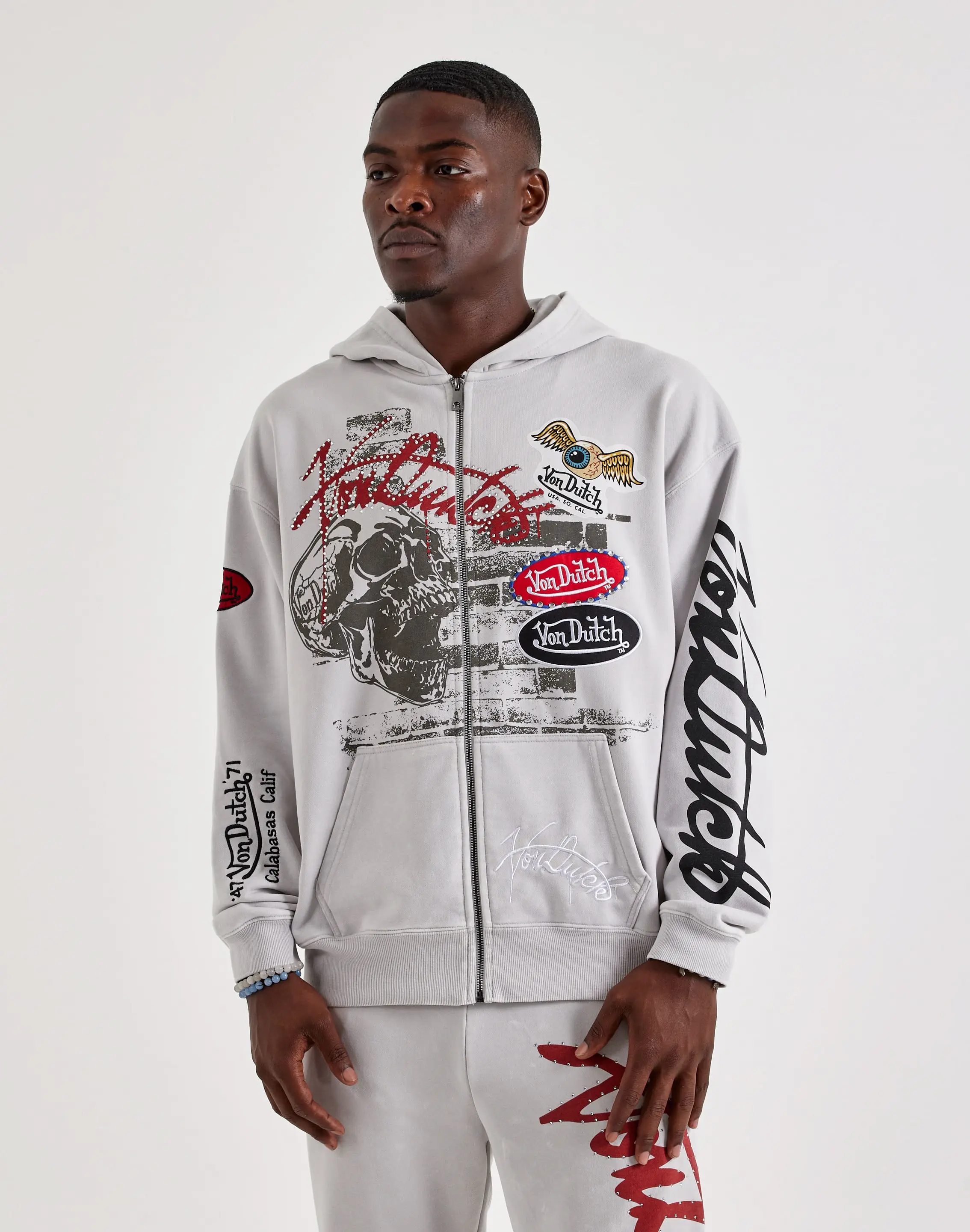 Mens Von Dutch Skeleton Rider Full-Zip Fleece Hoodie