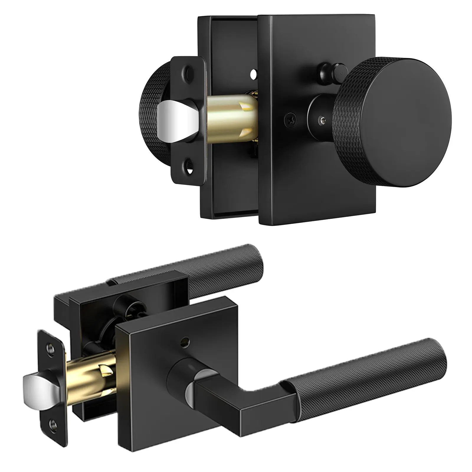 [SUPER Deals] Black Knurled Interior Door Lever with Privacy Lock, Heavy Duty Square Door Handle for Bedroom, Bathroom, Study & Office, Enhanced Grip, Easy to Install
