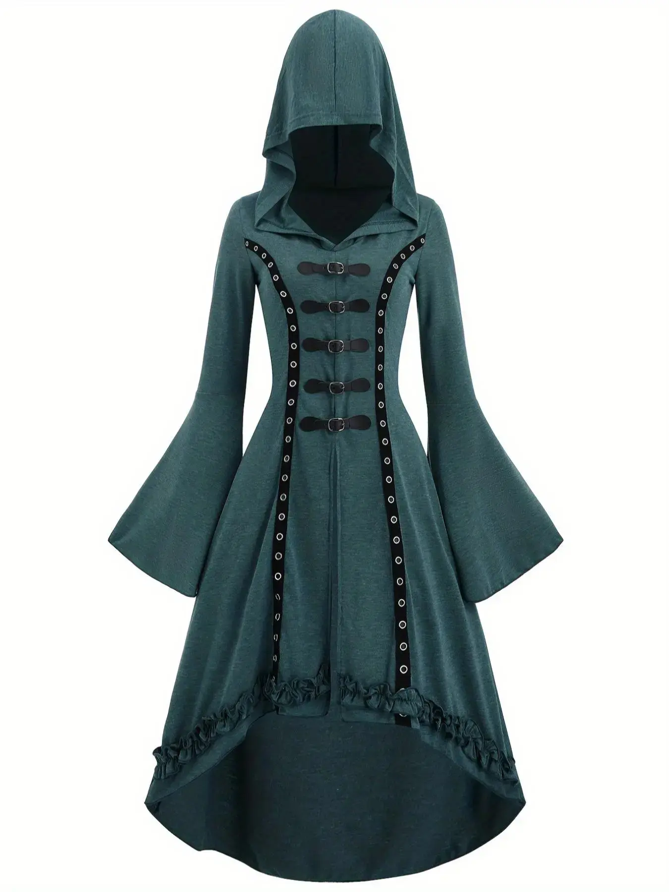 Women's Grommet Eyelet Buckle Decor Frill Trim High Low Hem Hooded Jersey Dress, Punk Fashion Flounce Sleeve A Line Slim Fit Dress for Party Holiday, Women's Clothing for Fall & Winter, Witch Cosplay Costume, Outfit, Costume for Parties, Womenswear