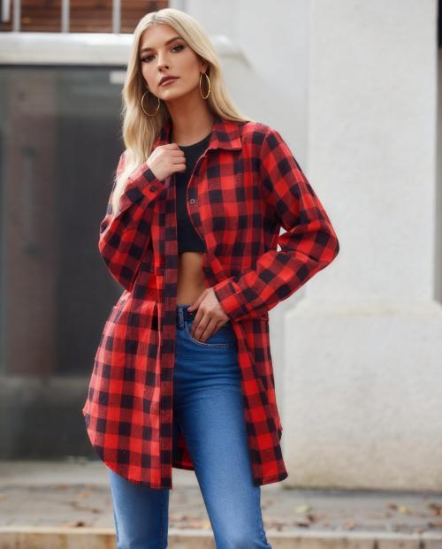 Women's Plaid Shirt Casual Long Sleeve V-Neck Button-Up Oversize Loose Fit Tunika S-XXL for Autumn Winter