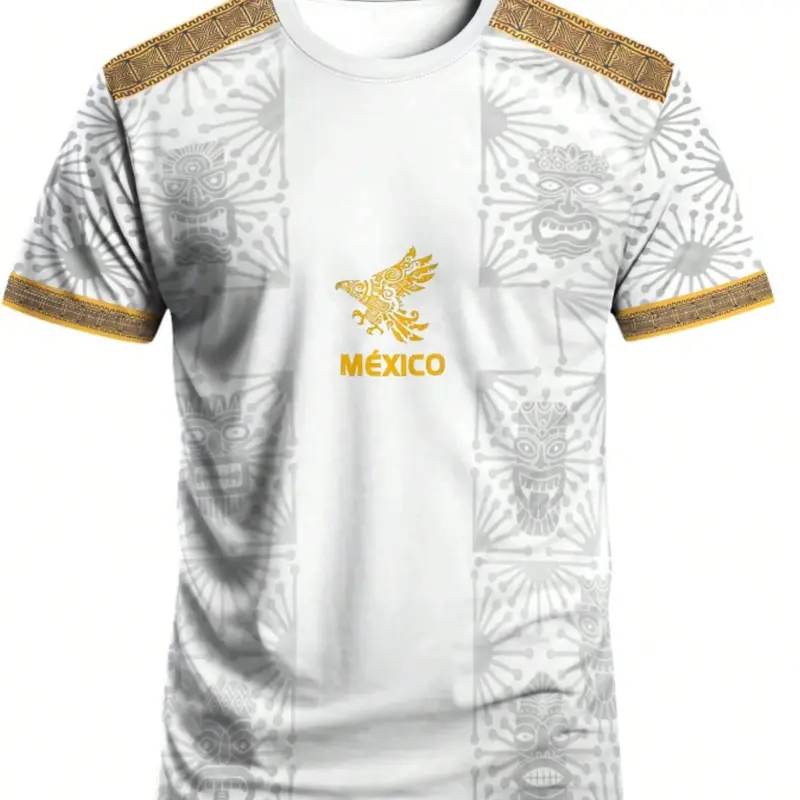 Mexican Aztec Totem Print Loose T-Shirt, Breathable Sports Short Sleeve Athletic T-Shirt, Comfortable Casual Wear, Top for Gym and Daily Use, Activewear T Shirt, Athletic T Shirts, Casual Sports Tops, Polyester Athletic