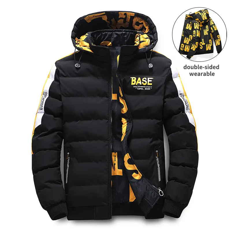 Men’s reversible winter cotton jacket — menswear, long-sleeve hooded top made from smooth, minimalist fabric; double-sided cotton knit outerwear for warmth, casual hip-hop street style