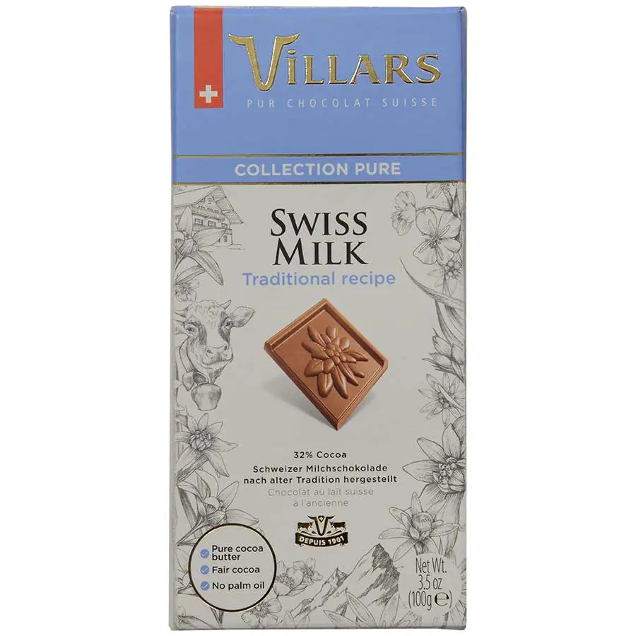 Villars Swiss Milk Chocolate Bar 100g Chocolate Food and Snacks Cocoa Butter Chocolate Trans Fat Free pistachio chocolatebar Bonbon Dessert