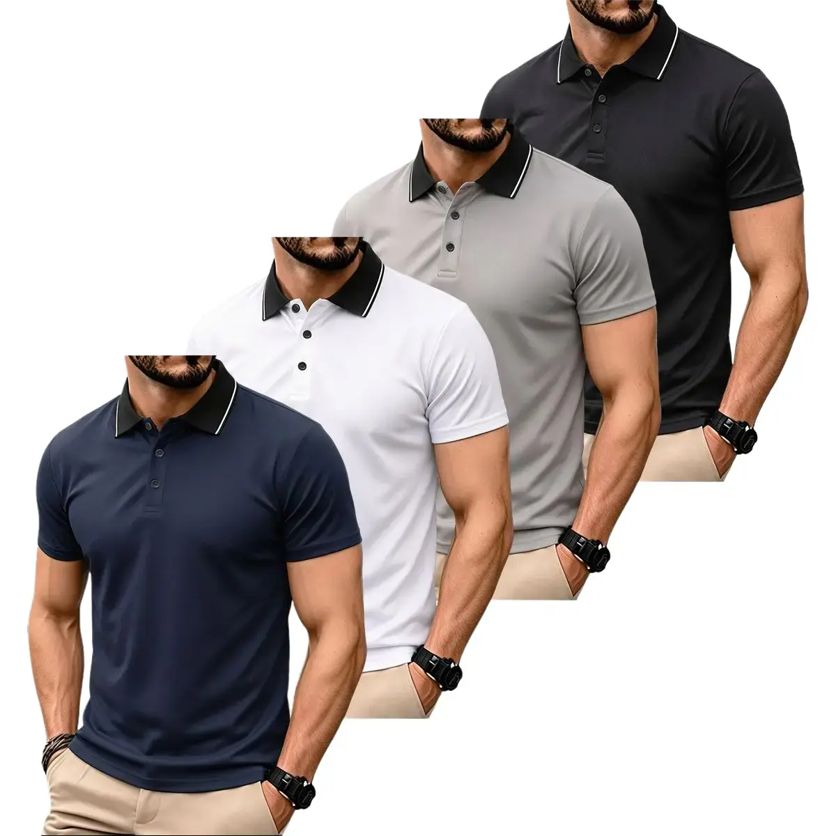 4-Pack Men’s Contrasting Collar Piqué Mesh Golf Polo Shirts, 100% Polyester Quick-Dry Moisture-Wicking Breathable Slim-Fit Short-Sleeve Tops, Versatile Shirts for Golf, Tennis, Office Business Casual & Everyday Wear