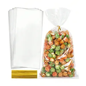 100 Transparent Glass Paper Bags 6x12 with Tie Straps Gift Bags for Popcorn Party Gifts Cookies Candies Bakery Plastic Packaging, Graduation Gifts