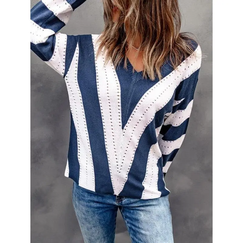 Women's Colorblock Striped Print Drop Shoulder Sweater, Casual Long Sleeve V Neck Jumper for Fall & Winter, Fashion Ladies' Knitwear for Daily Wear Women's Colorblock Striped Print Drop Shoulder Sweater, Casual Long Sleeve V Neck Jumper for Fall & Winter, Fashion Ladies' Knitwear for Daily Wear