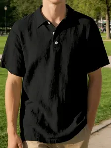 Men's Linen Polo Shirt, Loose Short Sleeve Hippie Casual Wear, Plain Two Button Collar Tee, Soft Fabric, Perfect for Daily & Vacation Use