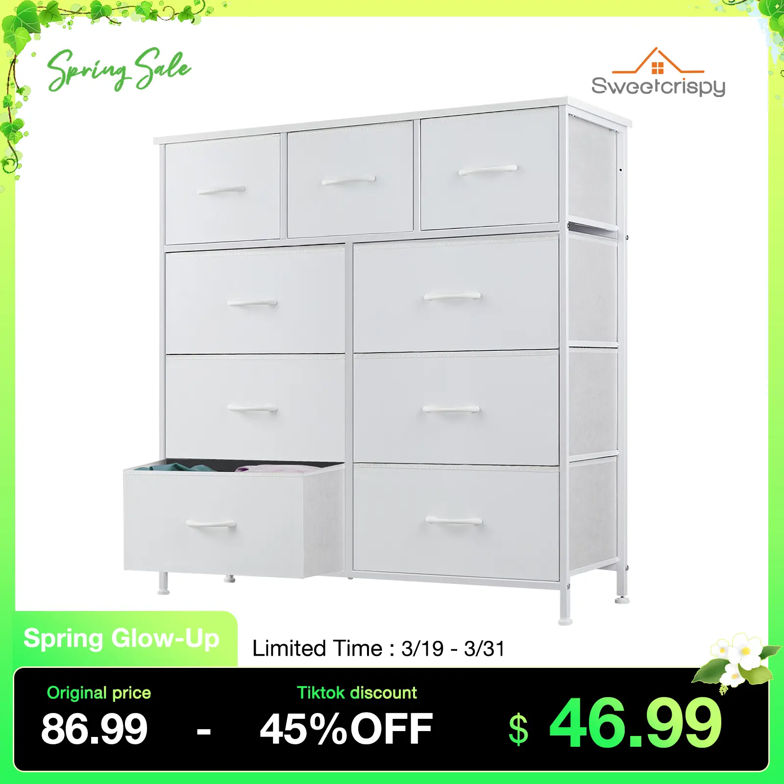 Fabric Storage Tower with 9 Drawers, Bedroom Drawer Dresser Organizer, Chest of Drawers with Fabric Bins, Steel Frame and Wood Top