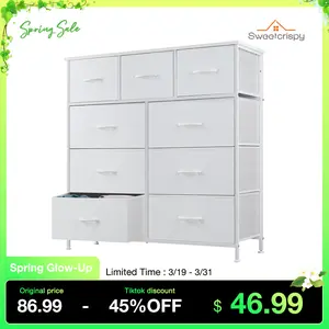Fabric Storage Tower with 9 Drawers, Bedroom Drawer Dresser Organizer, Chest of Drawers with Fabric Bins, Steel Frame and Wood Top