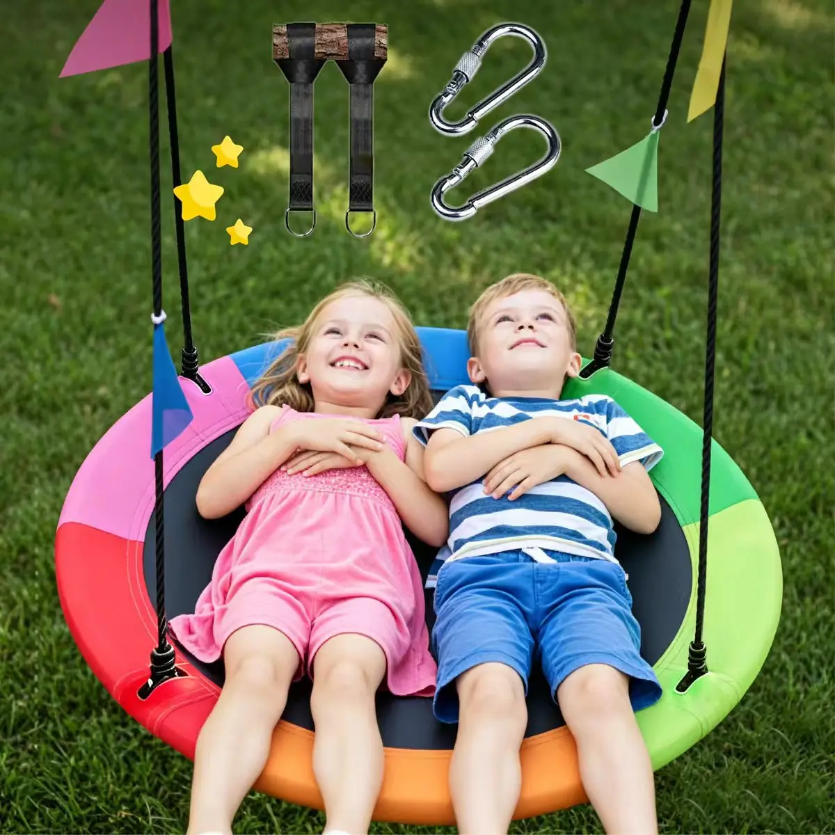 40/43 Inch Saucer Swing, 600lbs Heavy-Duty Tree Swing for Kids Outdoor, Adjustable Hanging Straps Round Swing, 360° Rotatable Rope Swing Disc Swing for Indoor Backyard Play