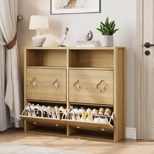 Oak Shoe Cabinet with 4 Flip Drawers, Shoe Storage Cabinet with Adjustable Shelves & Open Storage, Flower Pattern & Diamond Handle, Freestanding Slim Wooden Shoe Rack Cabinet for Entryway, Hallway