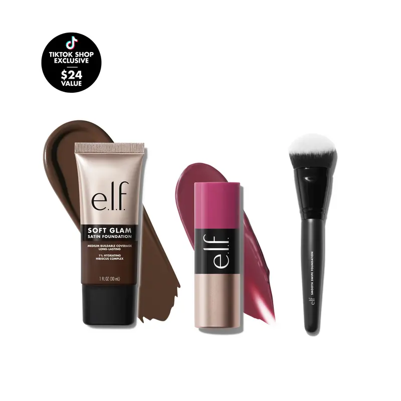 Soft Glam Makeup Set - Satin Foundation, Cream Blush Stick, Angled Foundation Brush