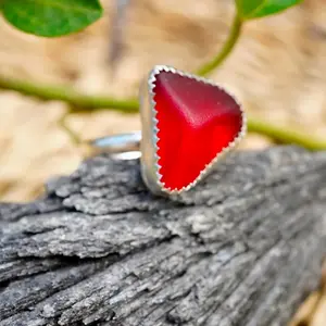 Vivid Red Sea Glass Sterling Silver Ring Size 8.5