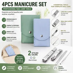 Portable Nail Care Tool Set, Basic Nail Tools, Four-In-One Combination Includes Straight Scissors, Angled Scissors, File, Ear Spoon, High-Quality Stainless Home Manicure Kit