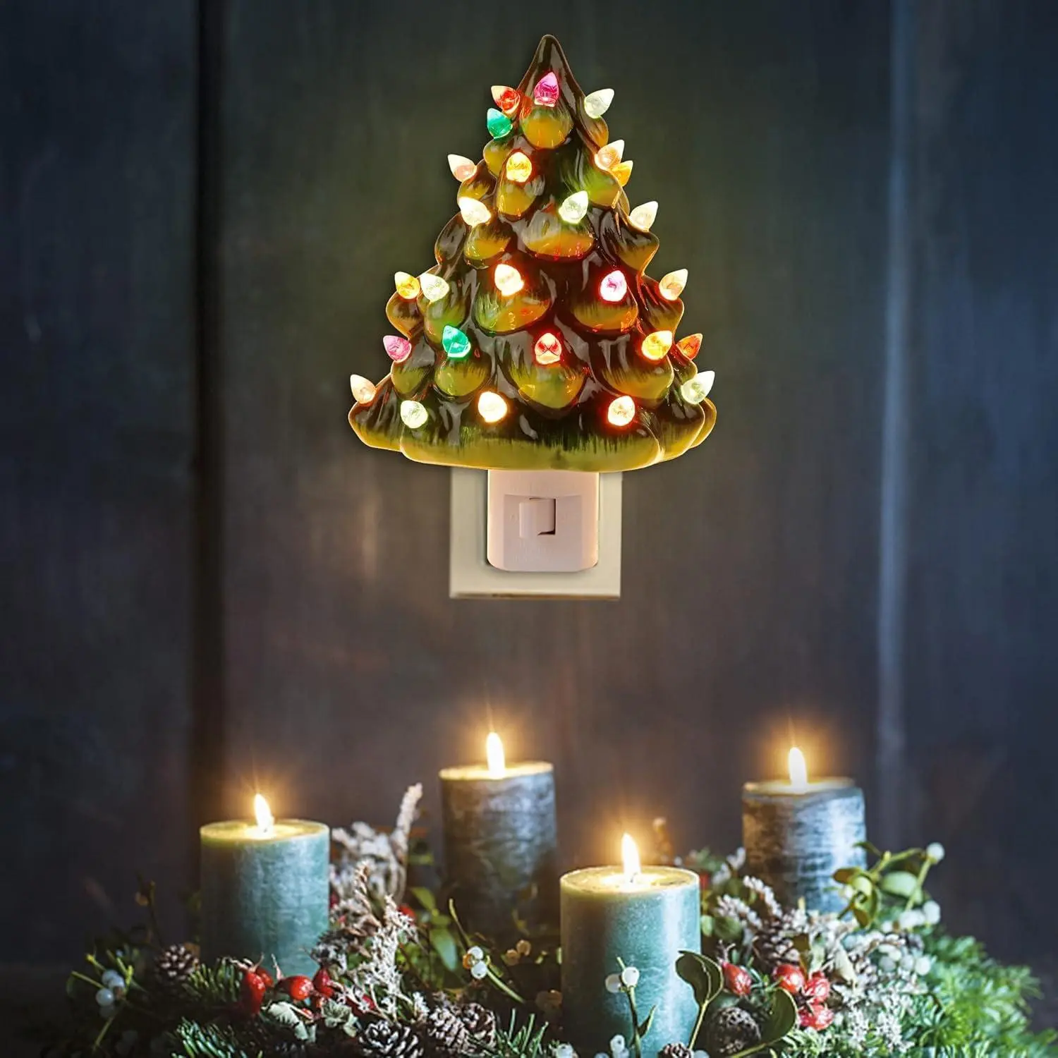 Christmas Ceramic Tree Shaped Night Light, Decorative Vintage Christmas Tree Night Light with Rotatable Plug & On/Off Switch, Suitable for Kitchen Bathroom Bedroom Decoration