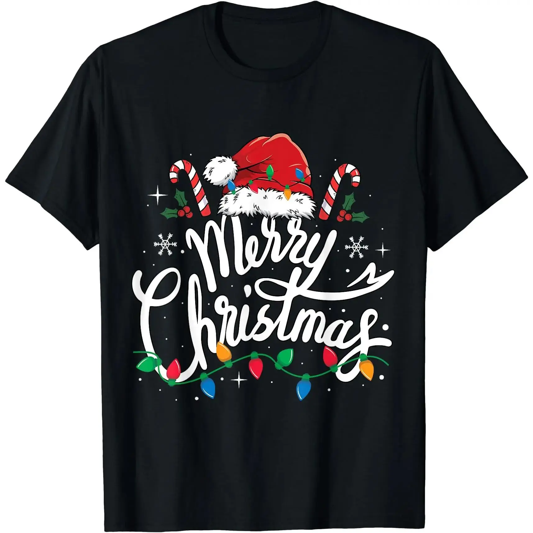 100% Cotton Short-Sleeve Sports T-Shirt, Sunny Relaxed-Fit Breathable Soft Christmas Lights Red Santa Hat Xmas Top for Men