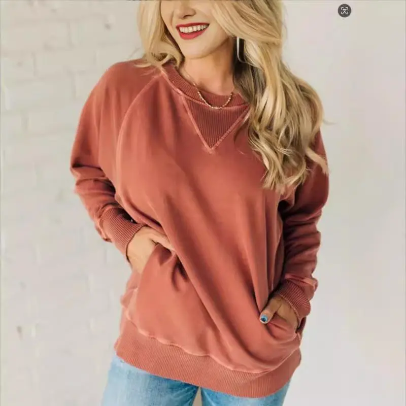 Autumn and Winter  Women's Ribbed Decorative Pocket Pullover Long Sleeve Loose Sweatshirt Fabric Womenswear Army Black Fit Hoodie