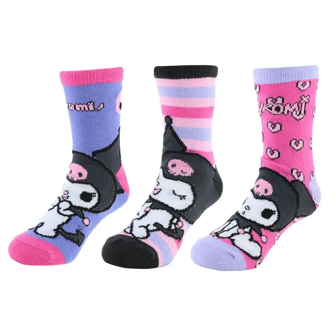 Textiel Trade Girl's 3-Pair Kuromi Novelty Crew Socks, Soft Sanrio Cartoon Animal Face Pack for Child's Casual Daily Play, Sizes Small-Large