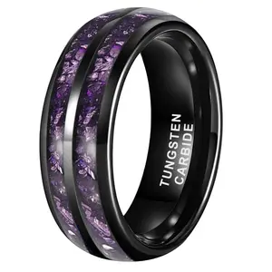 Yonifu Durable Scratch Resistant Black Tungsten Ring Purple Crystal Inlay 8mm Comfort Fit Mens Wedding Band Luxury Promise Gift Jewelry