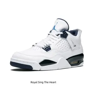 Retro Mid-Top Basketball Shoes in White Tumbled Leather with Dark Navy Blue Lace Locks, Lining, and Heel Accents