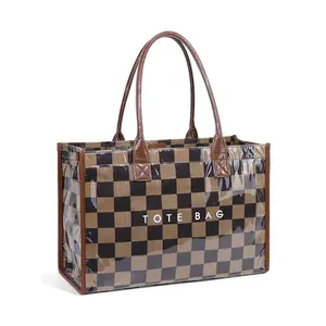 Women's Retro Checkered Letter Print Casual Tote Bag, Large Capacity Transparent Commuter Handbag, Versatile Daily Use Shoulder Bag