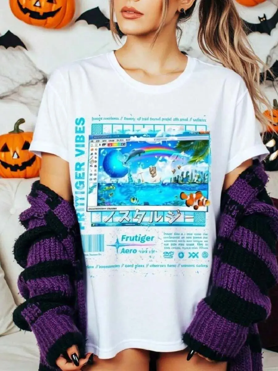 Frutiger Aero Fashion -Frutiger Vibes -Shirt Wo Leisure Drop Cotton Loose Couple Tee_ Women's Solid-Colored Boat-Neck Short-Sleeve One-Piece Shirt
