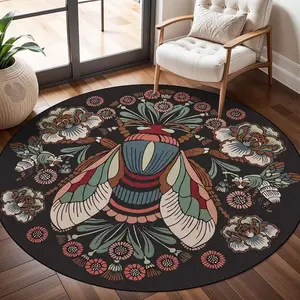 Vintage Lotus Insect Floral Round Carpet, American Retro Home Decor, Reflective Short Plush Comfort Mat, Floral Rugs, Christmas Gift, Living Room Bedroom