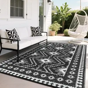 9x18 Black White Waterproof Outdoor Plastic Straw Mat Reversible Patio Carpet, Stain Resistant Portable RV Camping Rug, Geometric Outside Floor Cover for Porch Deck Garden Poolside Yard Picnic