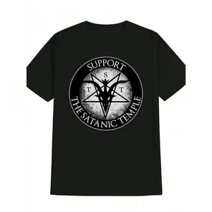 Men's Occult Graphic T-Shirt - Black Goat Head & Pentagram Print with "Support The Satanic Temple" Text - Casual Round Neck Summer Tee - Machine Washable Men's Fashion Top, Statement Shirt, Edgy Style, Comfortable Fit, Alternative Style boyfriend  tees