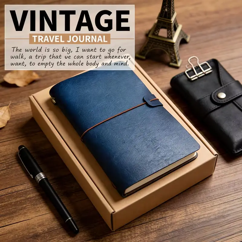 Vintage PU Leather Traveler’s Notebook Gift Set, Refillable Elastic Band Travel Journal, Portable Hand Diary Notebook for Travel Notes, Sketching & Gift
