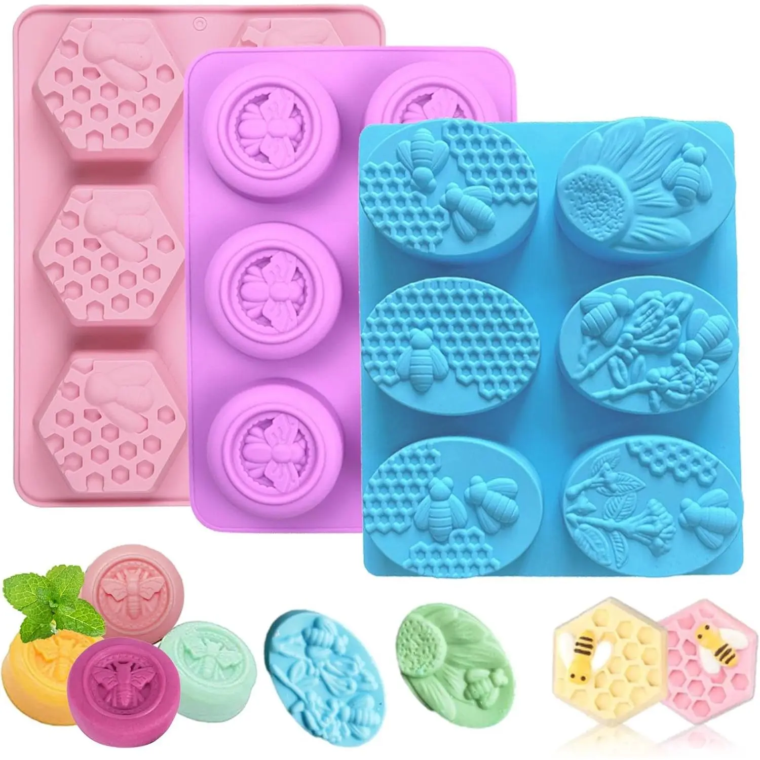 3-Pack Bee Soap Molds – Silicone molds for soap making; great for handmade soaps, lotion bars, beeswax, biscuits, chocolate, and moon cakes