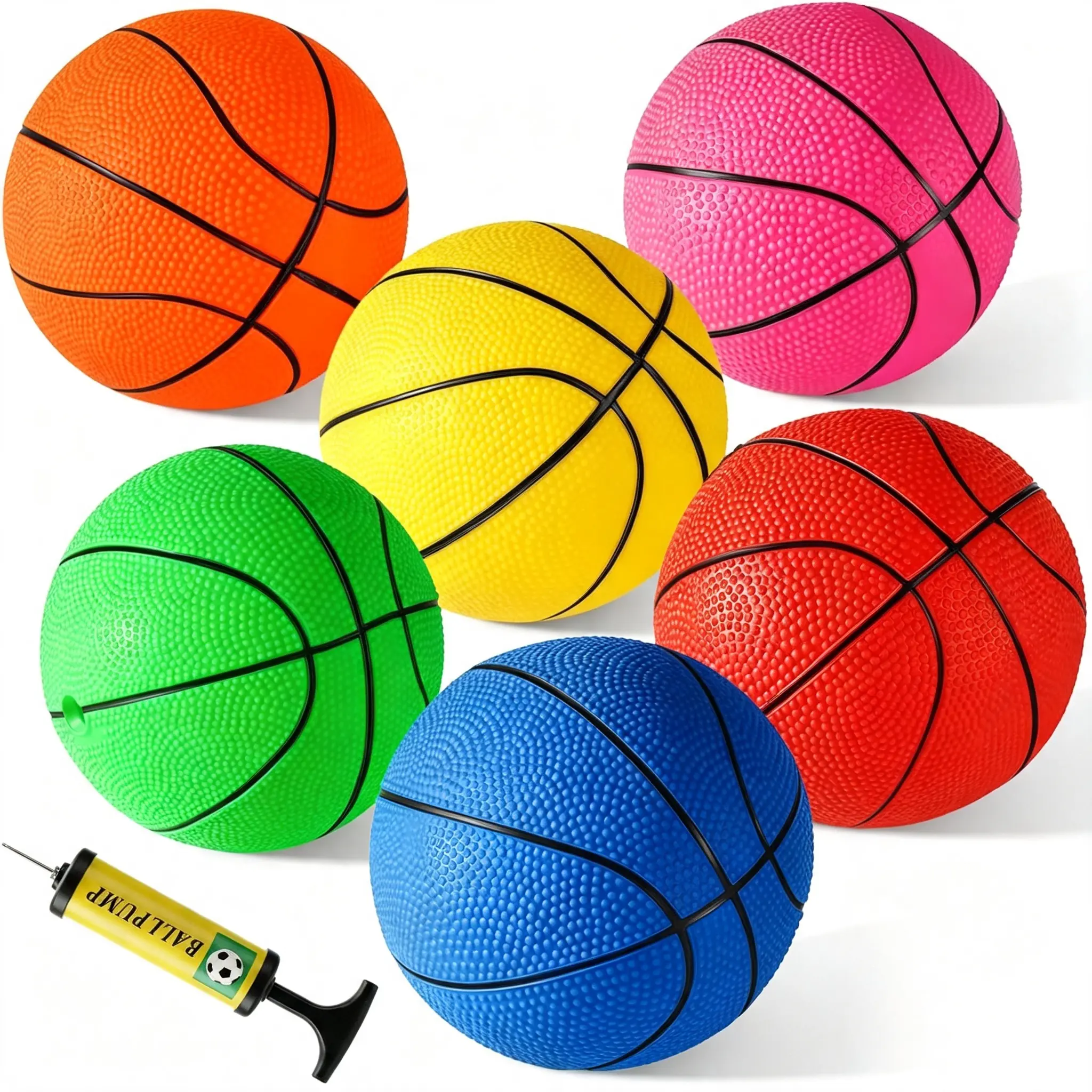 Unisex 6PCS 4.7in Pebbled Grip Rainbow Mini Basketballs with Pump - Toddler Kids' Birthday Gifts, Indoor/Outdoor Sports Toys
