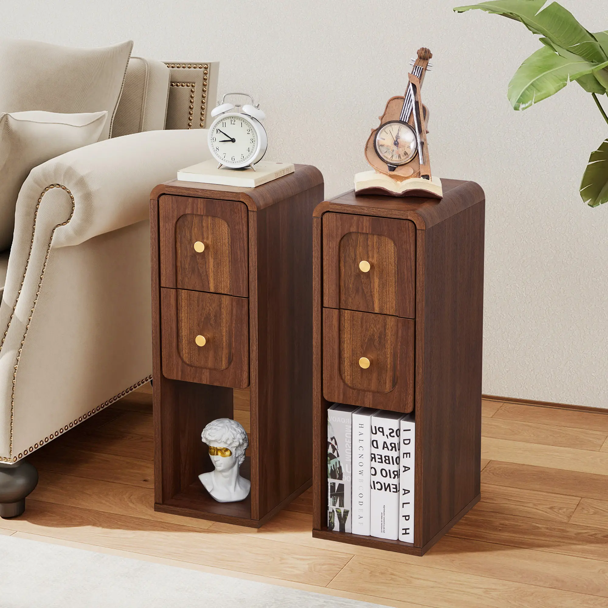 Giratree Modern Nightstand - Minimalist Narrow Bed Side Tables, 2 Drawers with Concealed Storage for Chargers, Open Shelf, 13.8" D x 7.9" W x 23.6" H Slim Wood-Look Indoor Table, Black 1-Piece/Natural Wood 2-Piece Mini Bedroom Furniture for Small Spaces
