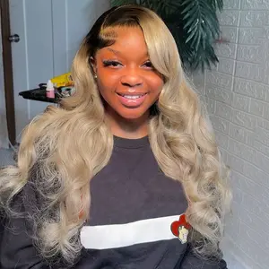Blonde with Dark Natural Brown Colored Roots 13x6 Lace Front Human Hair Wigs for Women 180 Density Body Wave Wigs Ombre Chocolate Brown and Ash Blonde Colored