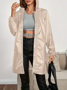 Women's Lightweight Hooded Raincoat, Waterproof Long Windbreaker Jacket, Casual Solid Zipper Coat, Ideal for Daily and Outdoor Wear