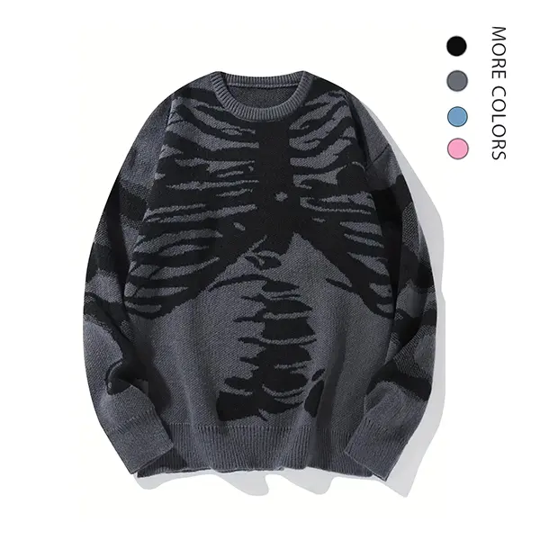 Sand Sound Women's Halloween Themed Skeleton Drop Shoulder Sweater, Casual Long Sleeve Round Neck Jumper for Daily Holiday Vacation Wear, Men's Knitwear, Comfortable and Warm Streetwear Versatile Pullover Sweater Stretchy Fabric Knitwear Tops Menswear