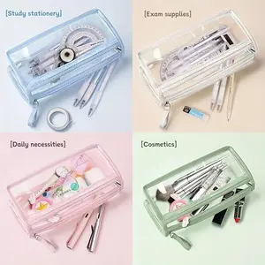 Double Layer Large Capacity Clear Pencil Case, 1 Count Portable Waterproof Pencil Stationery Storage Bag with Stickers, Zipper Makeup Brush Bag for Indoor & Outdoor, Office Stationery Supplies