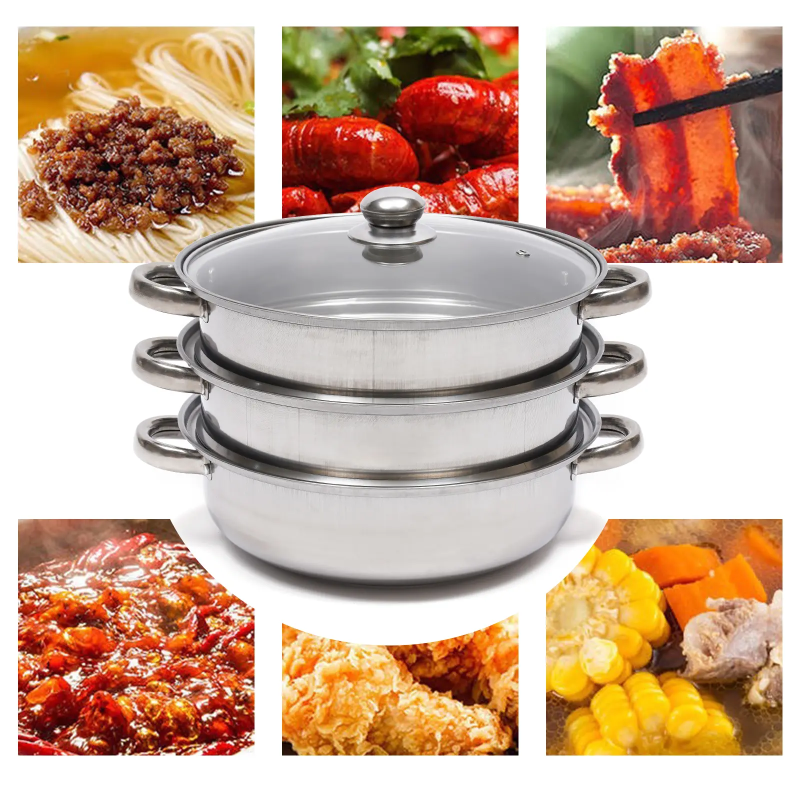 Triple stainless steel steamer, high quality material, multifunctional, easy to clean, suitable for healthy cooking, outdoor camping, family