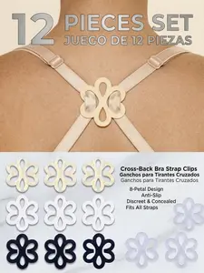 12 Counts Floral Decor Cross Back Invisible Bra Straps, Adjustable Anti Slip Buckle Shoulder Straps, Non-slip Gather Support Chest Lingerie Accessories, Flower Shaped Cross Back Fasteners, Comfort Secure Women Underwear Shoulder Strap Replacement Supplies