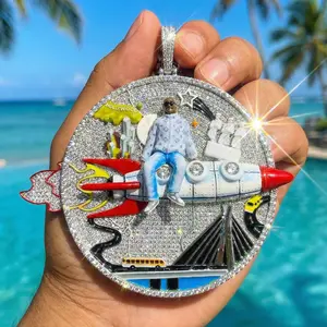 Huge Iced Out 3D Rocket Man Enamel Medallion Pendant, Colorful Cityscape Hip Hop Statement Jewelry, 925 Silver Tone with 4mm Rope Chain