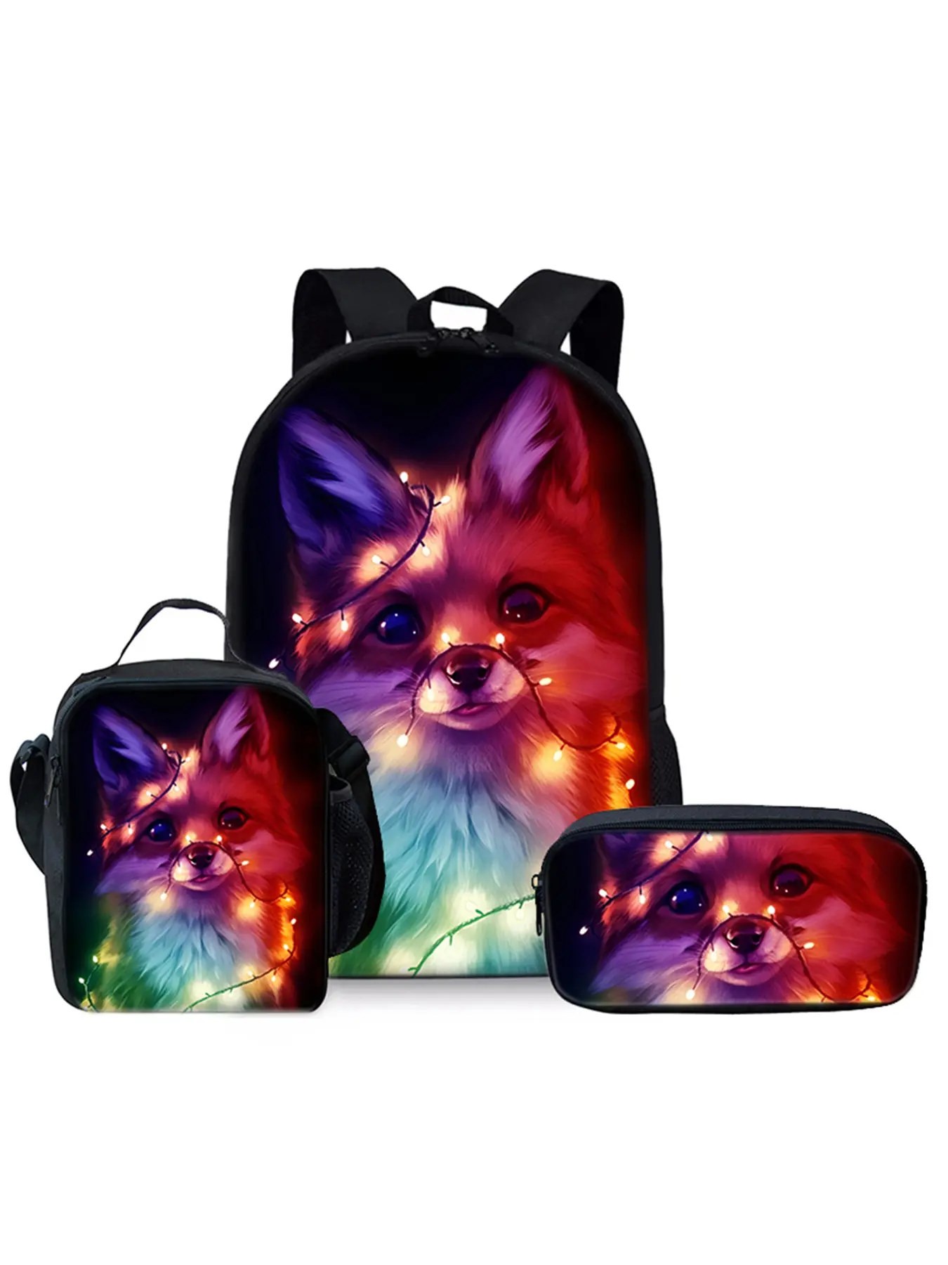 Fox pattern printed 17-inch backpack three-piece set (single-layer backpack + shoulder strap lunch bag + single-layer pencil bag)