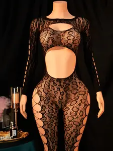 🔥 Sexy Leopard Print Sheer Bodysuit — Fishnet Cutout Jumpsuit for Parties, Nightclubs, and Date Nights (One Size: Fits weights 40kg–75kg)