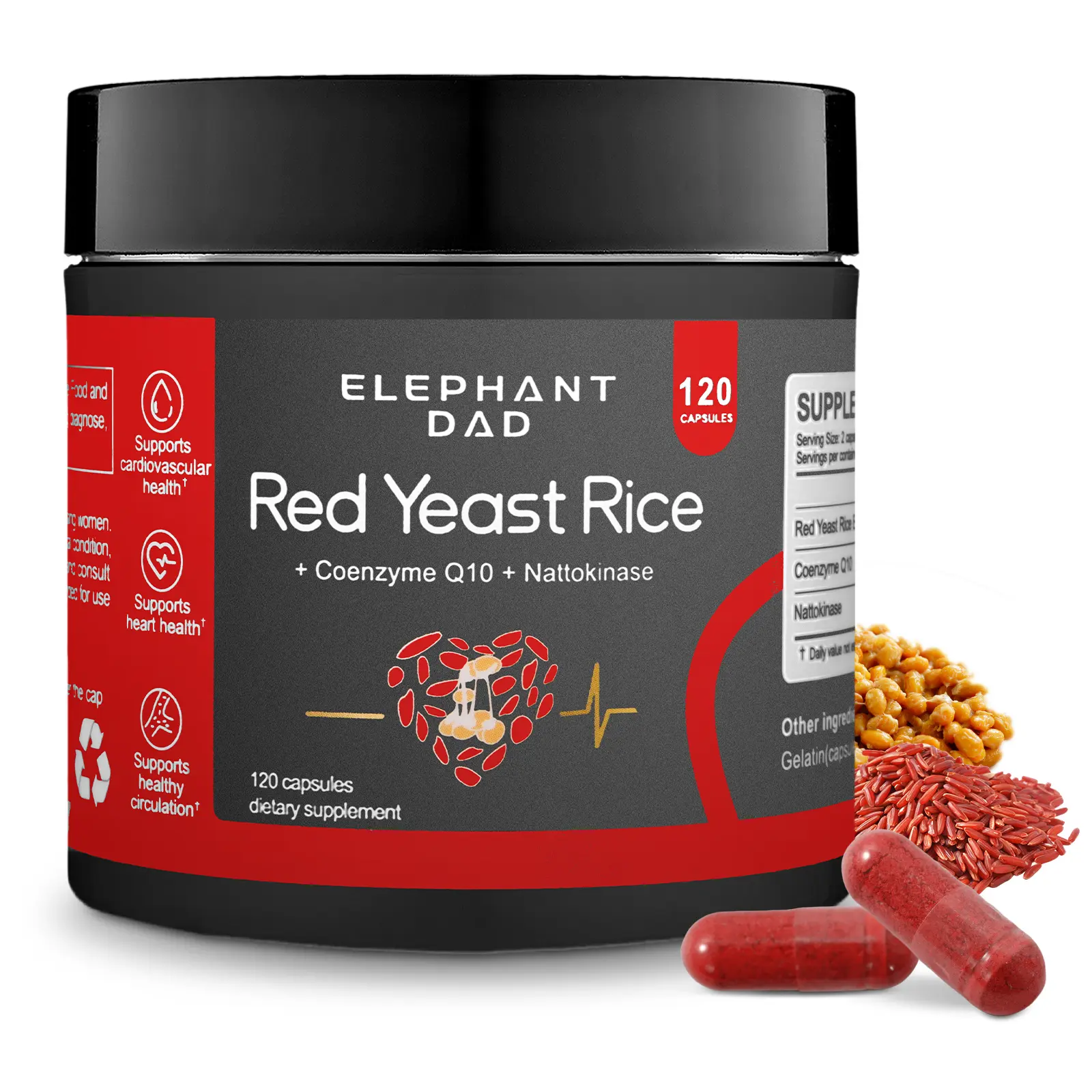 Elephantdad Red Yeast Rice with Nattokinase & CoQ10 1000mg  - Extra Strength Natto Extract Supplement for Cholesterol & Heart  Support - 120 Capsules Fitness Dietary Healthcare edible health daily veg